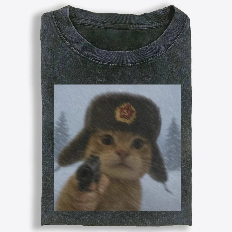 Soviet Ushanka Cat Retro Washed T-Shirt