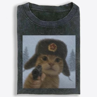 Soviet Ushanka Cat Retro Washed T-Shirt