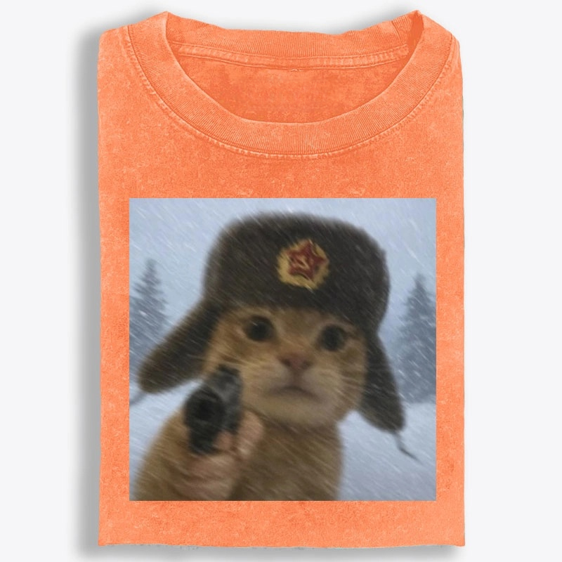 Soviet Ushanka Cat Retro Washed T-Shirt