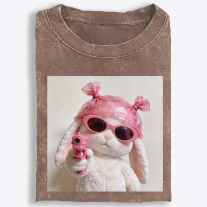 Pink Gun Gangsta Bunny Meme Retro Washed T-Shirt