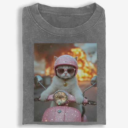 Pink Scooter Cat & Explosion Meme Retro Washed T-Shirt