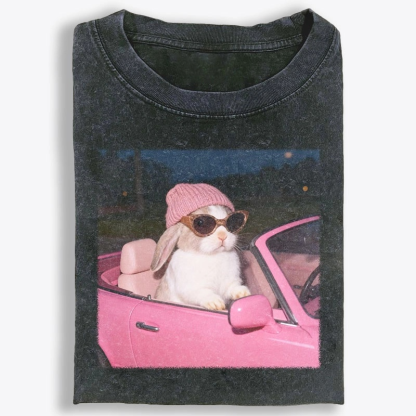 Fashion Bunny Cruising In Pink Car Retro Washed T-Shirt