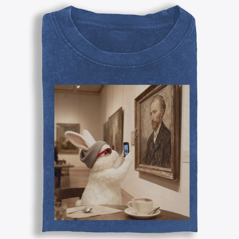Art Bunny Taking Selfie With Van Gogh Meme Retro Washed T-Shirt