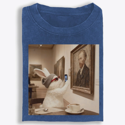 Art Bunny Taking Selfie With Van Gogh Meme Retro Washed T-Shirt