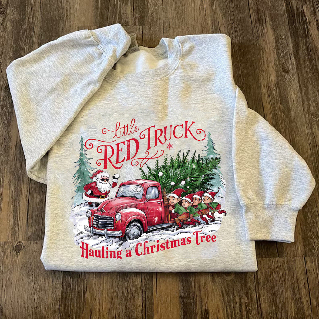Little Red Truck Hauling A Christmas Tree Sweatshirt-Magmoo
