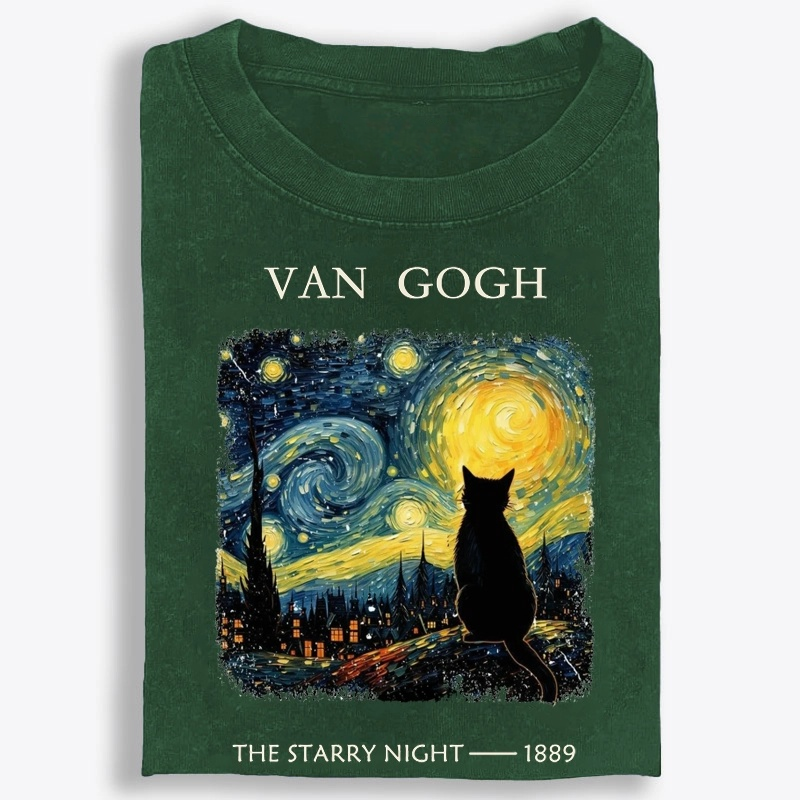 Van Gogh Starry Night Cat Retro Washed T-Shirt