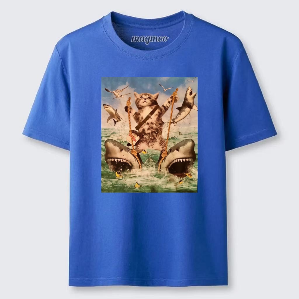 Magmoo Cat Riding Sharks T-shirt