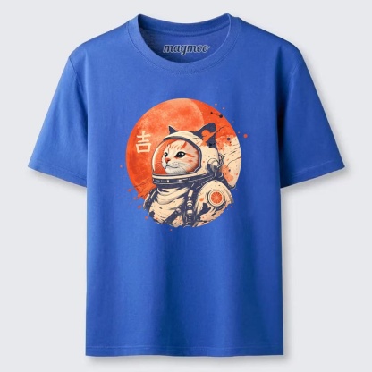 Magmoo Japanese Minimalist 1950s Retro Space Cat Good Luck Kanji T-shirt