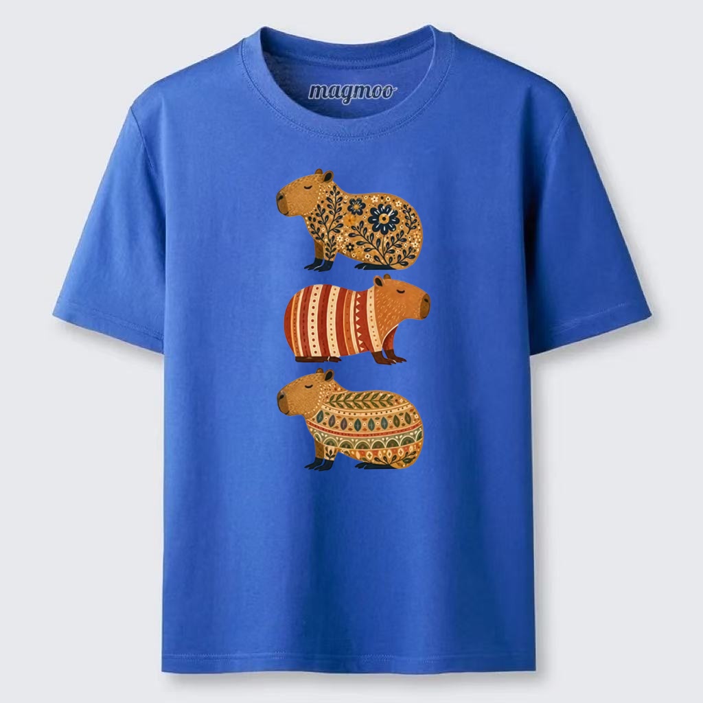 Magmoo Folk Floral Striped Capybara Trio Print Classic T-shirt