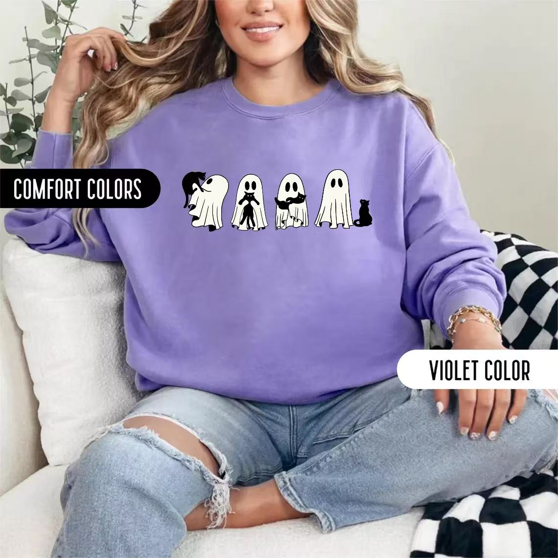 Halloween Black Cat & Ghost Comfort Colors Shirt-Magmoo