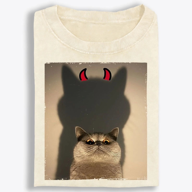 Demon Shadow Cat Meme Retro Washed T-Shirt