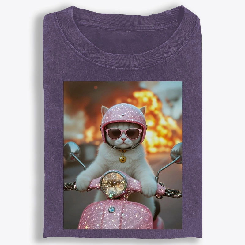 Pink Scooter Cat & Explosion Meme Retro Washed T-Shirt