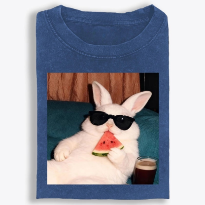 Rabbit Eating Watermelon Sunglasses Retro Washed T-Shirt