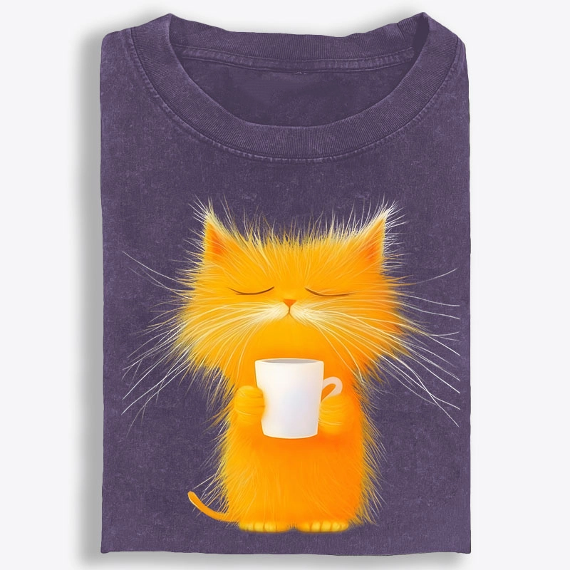 Fluffy Orange Cat with Coffee Retro Washed T-Shirt