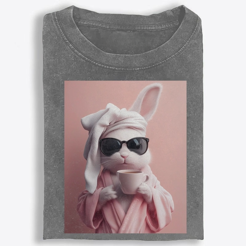 Bunny in Bathrobe Morning Coffee Retro Washed T-Shirt