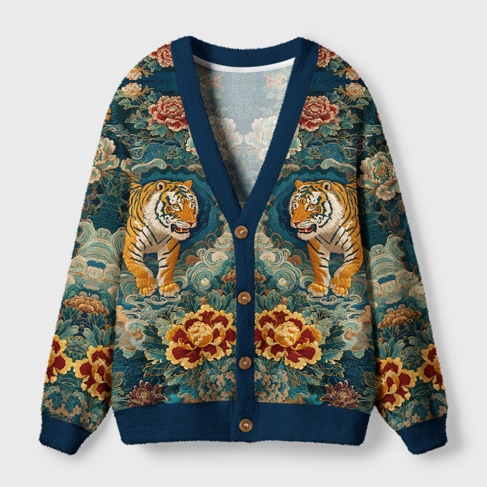 Magmoo Imperial Tiger Tapestry Ugly Cardigan Sweater