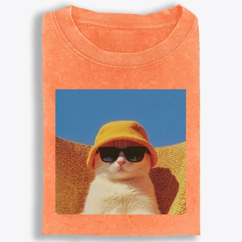 Cool Cat In Yellow Bucket Hat Streetwear Retro Washed T-Shirt