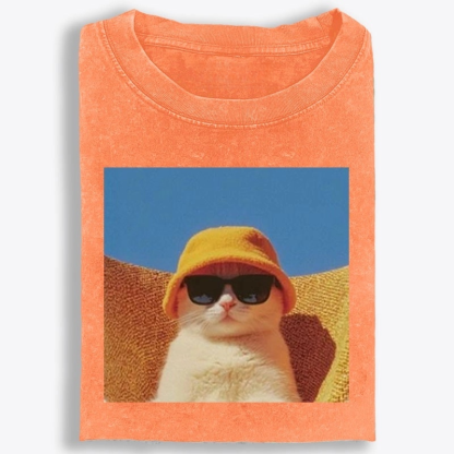 Cool Cat In Yellow Bucket Hat Streetwear Retro Washed T-Shirt