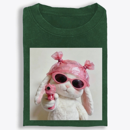 Pink Gun Gangsta Bunny Meme Retro Washed T-Shirt