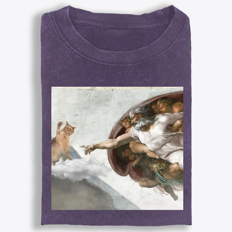 Cat Parody of The Creation of Adam Art Retro Washed T-Shirt