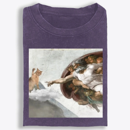 Cat Parody of The Creation of Adam Art Retro Washed T-Shirt