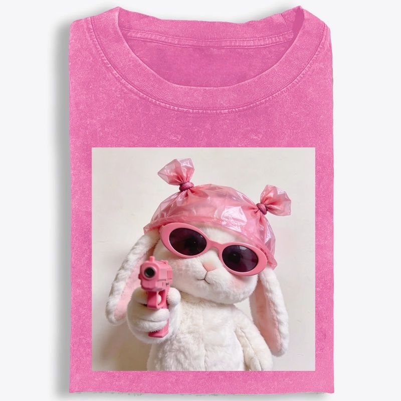 Pink Gun Gangsta Bunny Meme Retro Washed T-Shirt