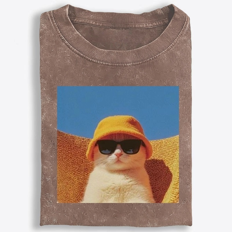 Cool Cat In Yellow Bucket Hat Streetwear Retro Washed T-Shirt