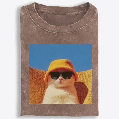 Cool Cat In Yellow Bucket Hat Streetwear Retro Washed T-Shirt