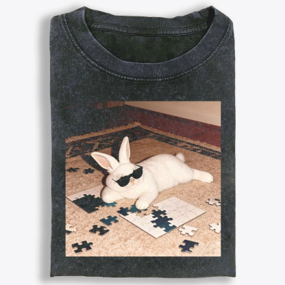 Rabbit Doing Puzzle Procrastinating Retro Washed T-Shirt