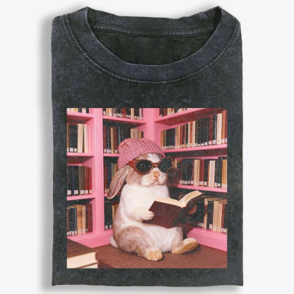 Bunny Bookish Rabbit Retro Washed T-Shirt