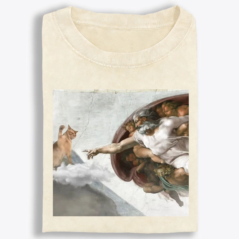 Cat Parody of The Creation of Adam Art Retro Washed T-Shirt