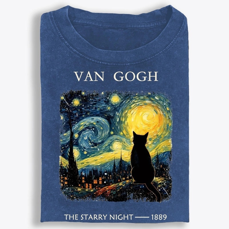 Van Gogh Starry Night Cat Retro Washed T-Shirt
