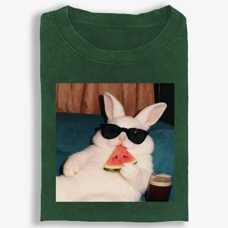 Rabbit Eating Watermelon Sunglasses Retro Washed T-Shirt