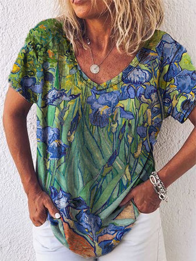 Women's Oil Painting Iris Print V-Neck Tee-Magmoo