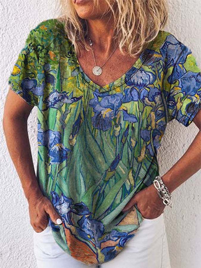 Women's Oil Painting Iris Print V-Neck Tee-Magmoo