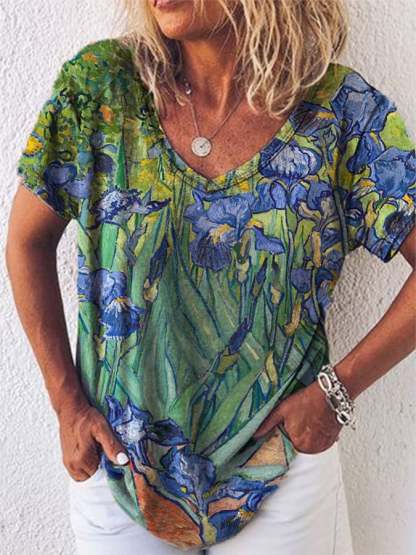 Women's Oil Painting Iris Print V-Neck Tee-Magmoo