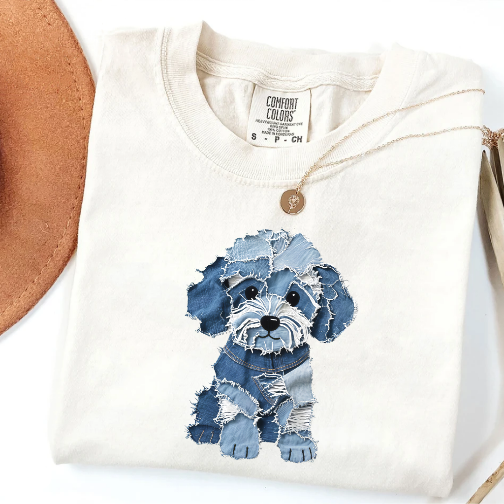 Cute Dog Denim Patchwork Art Shirt
