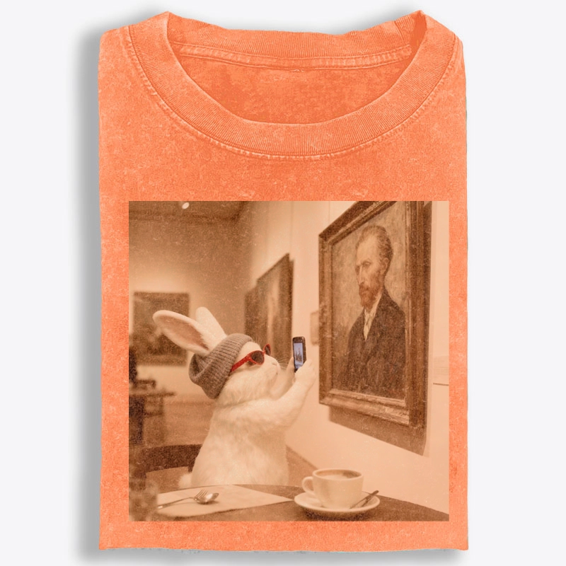 Art Bunny Taking Selfie With Van Gogh Meme Retro Washed T-Shirt