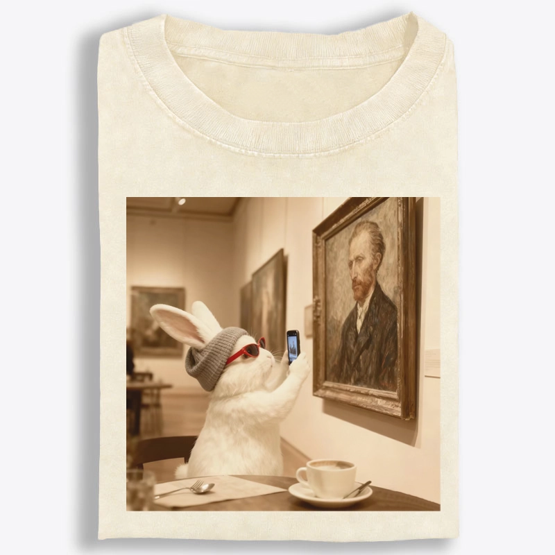 Art Bunny Taking Selfie With Van Gogh Meme Retro Washed T-Shirt