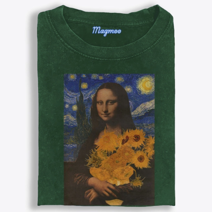 Mona Lisa's Starry Sunflowers Retro Washed T-Shirt