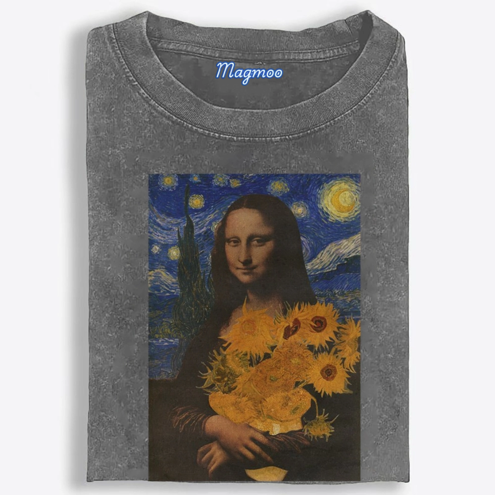 Mona Lisa's Starry Sunflowers Retro Washed T-Shirt
