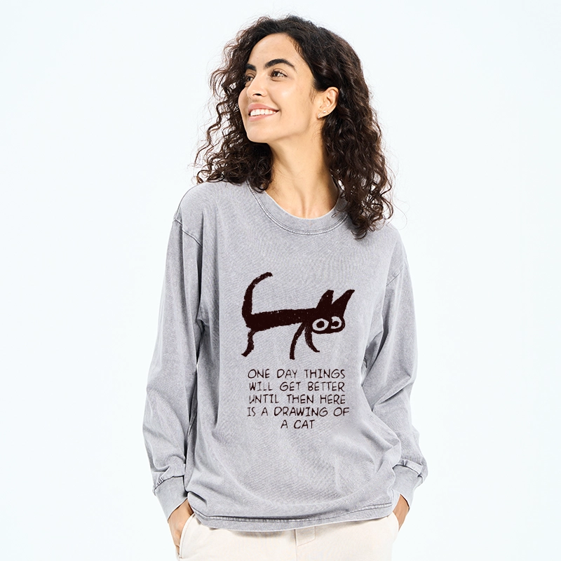 Magmoo Cat Cheer Up Drawing Washed Long Sleeve T-Shirt-Magmoo