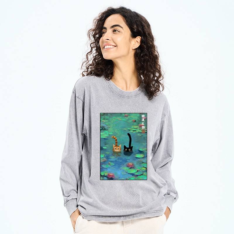 Magmoo Funny Cats Swimming In Lilies Washed Long Sleeve T-Shirt-Magmoo