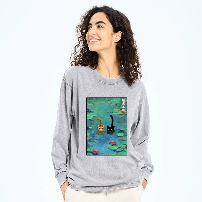 Magmoo Funny Cats Swimming In Lilies Washed Long Sleeve T-Shirt-Magmoo