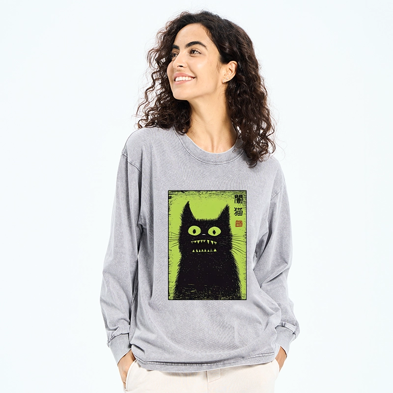 Magmoo Spooky Black Cat Japanese Washed Long Sleeve T-Shirt-Magmoo