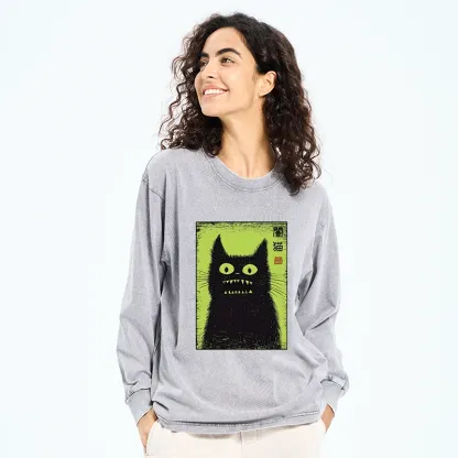 Magmoo Spooky Black Cat Japanese Washed Long Sleeve T-Shirt-Magmoo