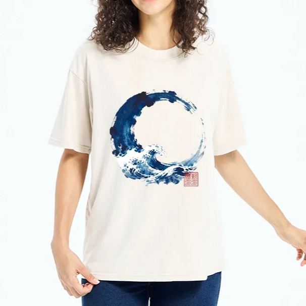 Magmoo Zen Circle Blue Wave Art Washed T-Shirt-Magmoo