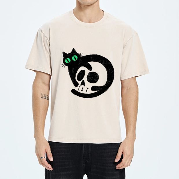 Magmoo Spooky Black Cat Skull Meme Washed T-Shirt-Magmoo