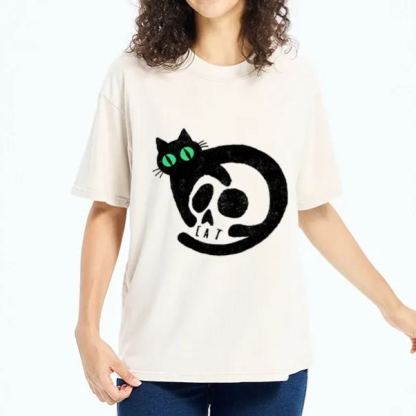 Magmoo Spooky Black Cat Skull Meme Washed T-Shirt-Magmoo