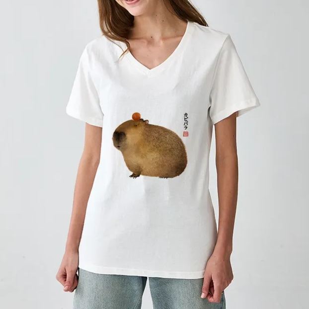 Magmoo Calm Capybara Illustration V-Neck Classic T-Shirt-Magmoo